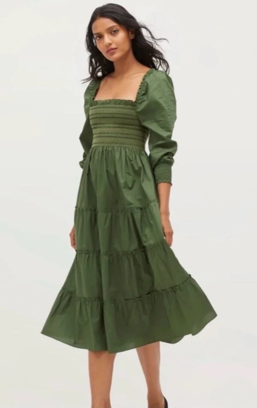 Hill House Home Naomi Nap Midi Dress Long Sleeve Smocked Olive Green Fall S